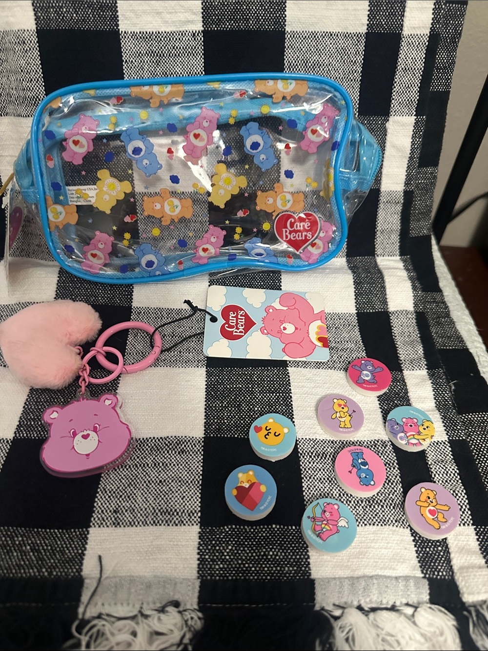 Care Bears Blue Clear Pouch with Pink Keychain and Multicolor Eraser set NWT